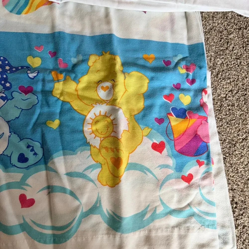 Vintage Care Bears Twin Sheet Set Fitted Flat 80s Cloud Cartoon Hearts